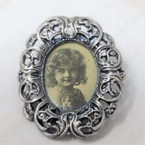 Vintage Pewter Finish Pin Brooch Photo Frame Oval